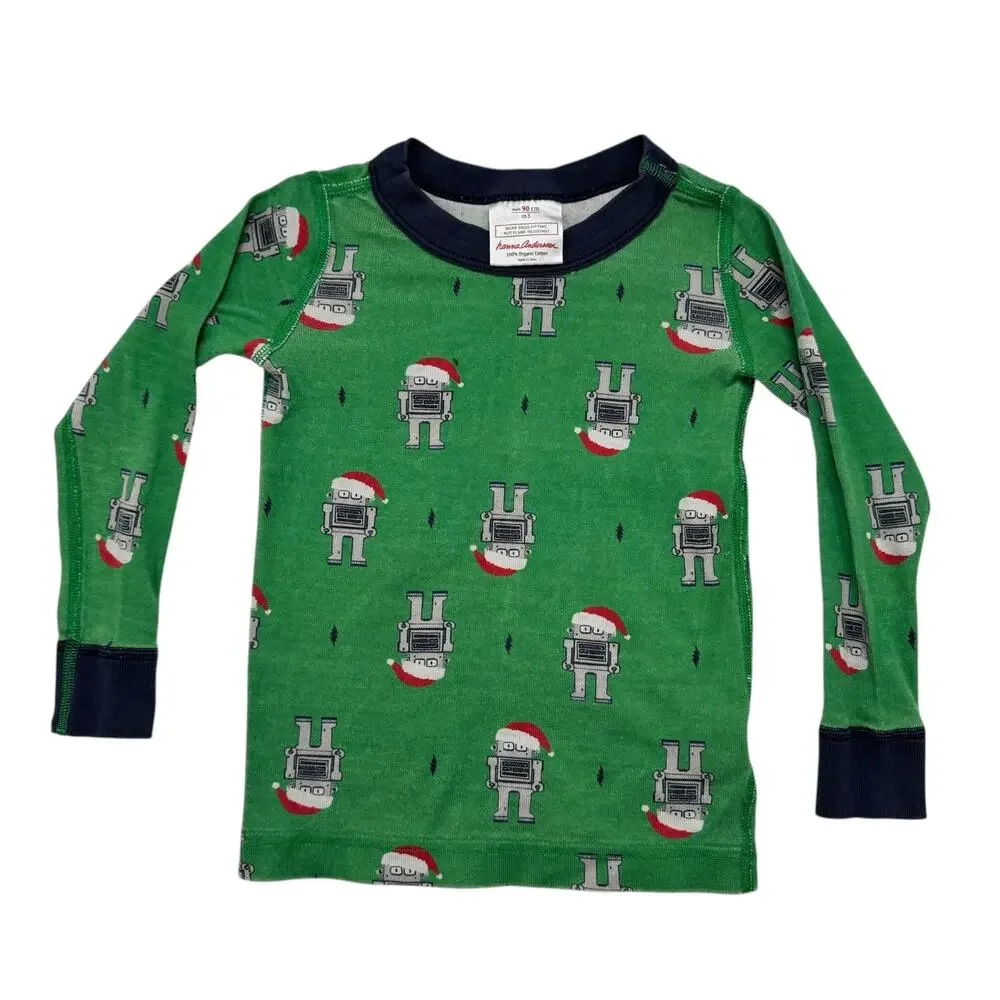 HANNA ANDERSSON Robot Christmas Cotton Pajama Top Size 3 90 Toddler Kids Green